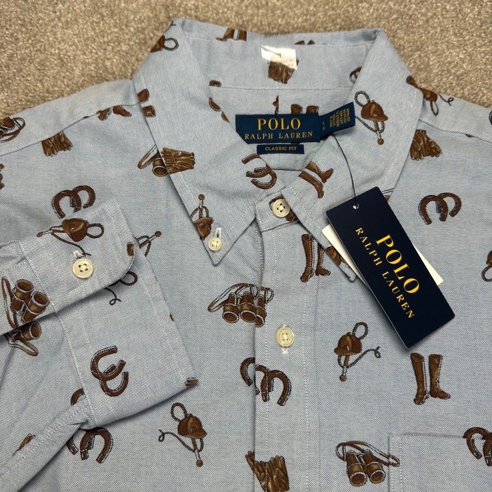 Polo Ralph Lauren Men Classic Button Down Shirt Large Light Blue Western Print